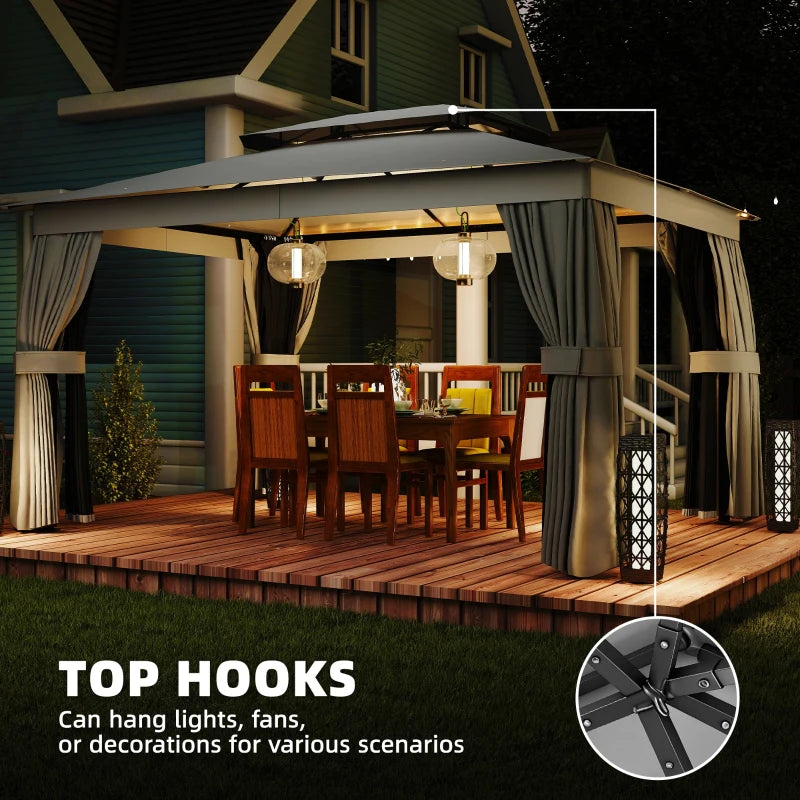 10' x 12.5' Outdoor Gazebo with Curtains and Netting, Double Roof Metal Patio Gazebo Canopy Shelter with Hook, Dark Grey