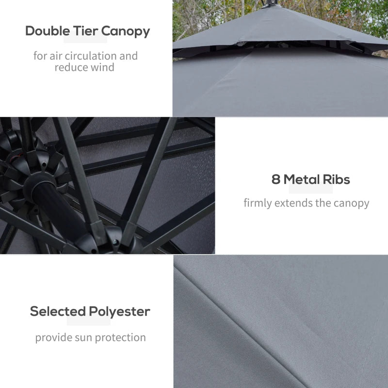 10FT Cantilever Patio Umbrella with Lights Solar Powered Offset Umbrella with Crank and Cross Base for Deck Grey