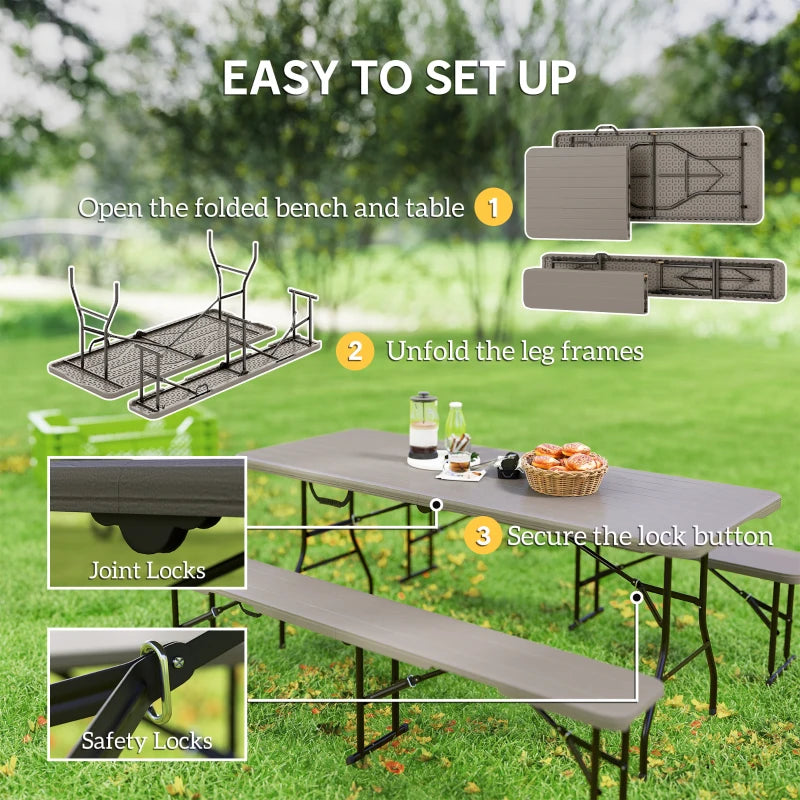 6FT 3PCS Faux Rattan Outdoor Camping Table Bench Set with Carrying Handles, Folding Picnic Table with 2 Benches, Brown