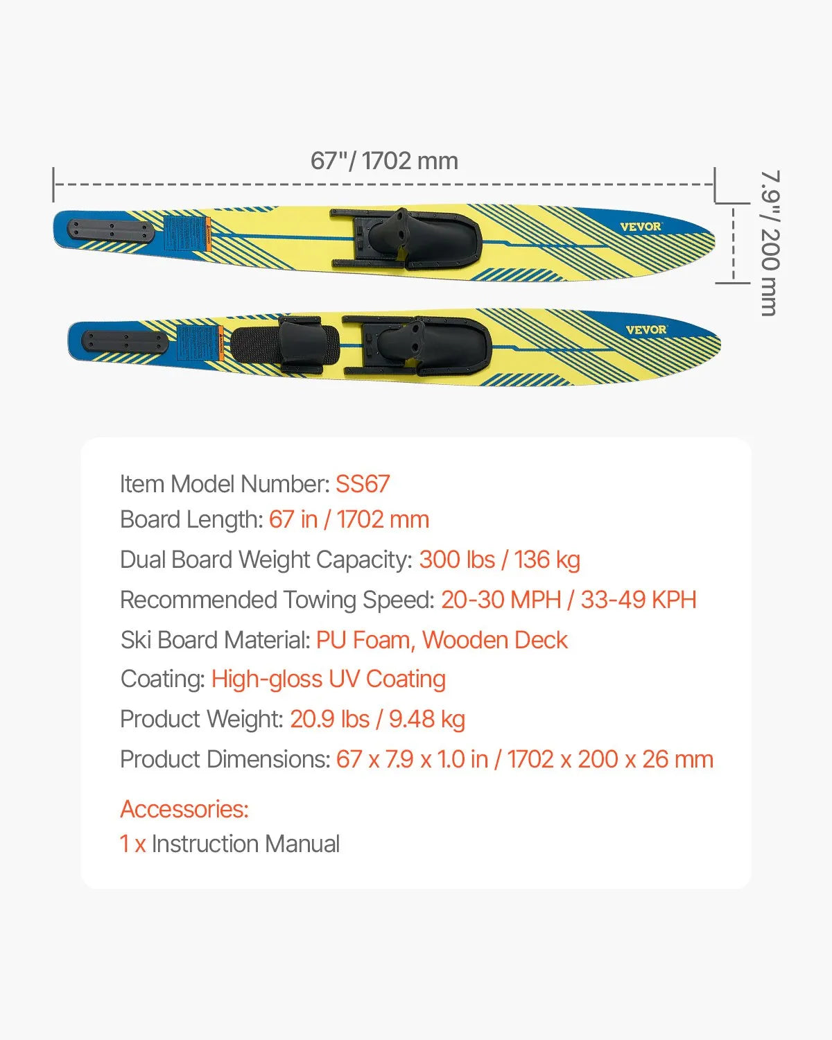 VEVOR 67-inch Water Skis Combo Adults Water Skis with X-9 Adjustable Bindings