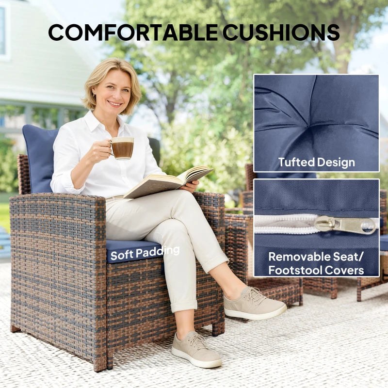 5 Piece Patio Furniture Set, Wicker Patio Chairs with Ottomans, 2-Tier Glass Coffee Table and Cushions, Brown/Dark Blue