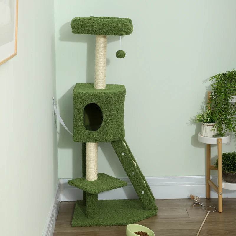 47" Tall Cat Tree Tower with Condo, Ladder, Scratching Posts and Hanging Ball, Green