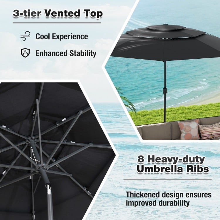 10 ft 3-tier Vented Patio Umbrella with Push Button Tilt-Black