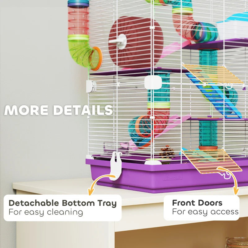 5 Tiers Hamster Cage Portable with Exercise Wheels Play Tube Water Bottle Dishes House Ladder for Gerbils, Purple