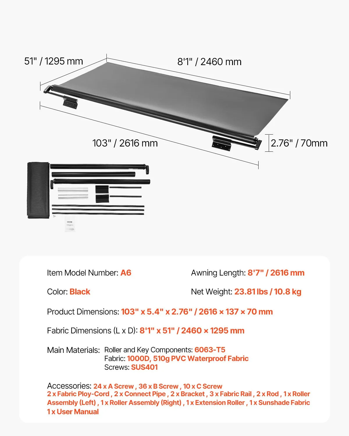VEVOR 8'7" (8'1") RV Slide Out Awning Black Slide Topper Awning for RVs