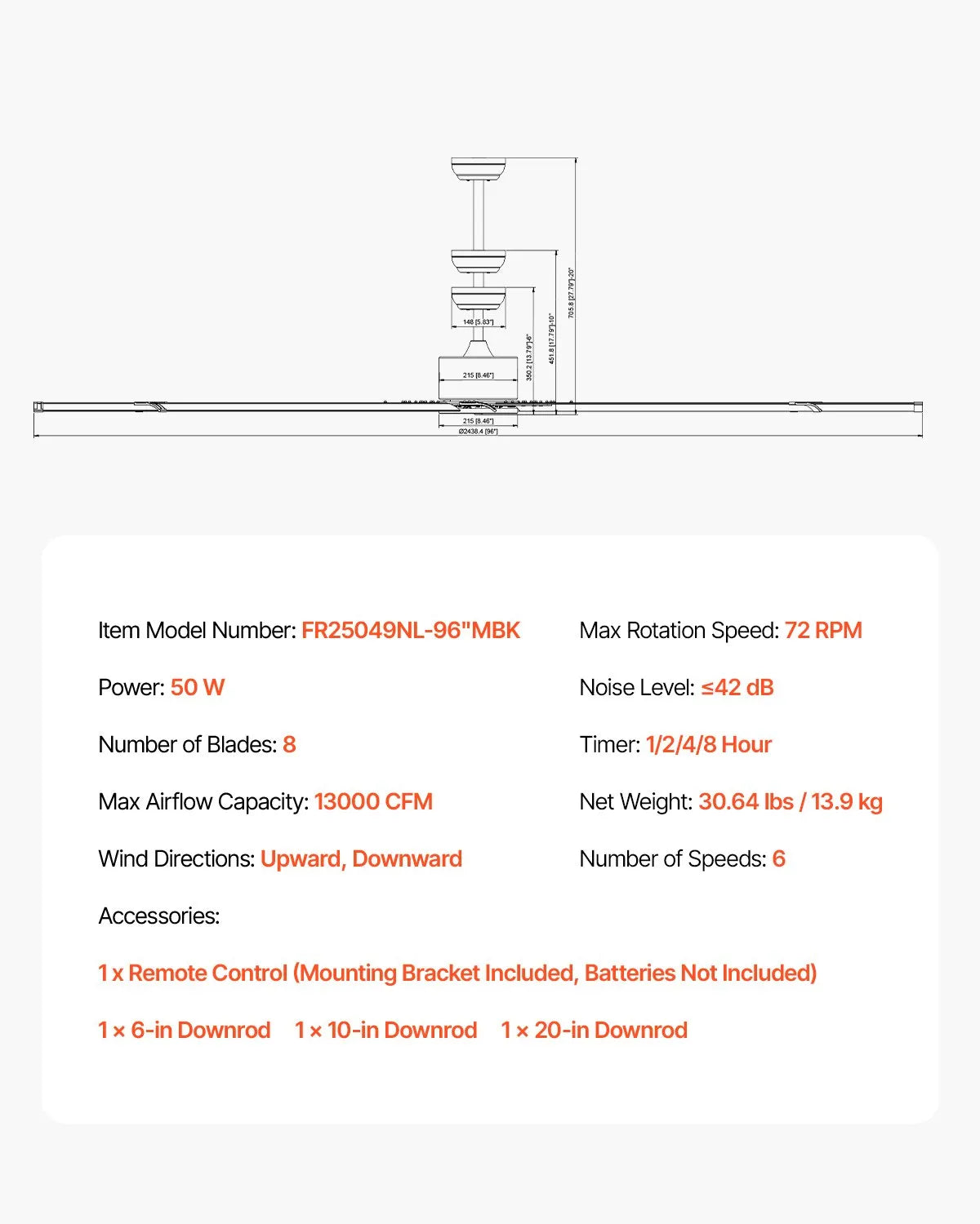 VEVOR 96" Aluminum Ceiling Fan No Light Remote Control Reversible Motor Black