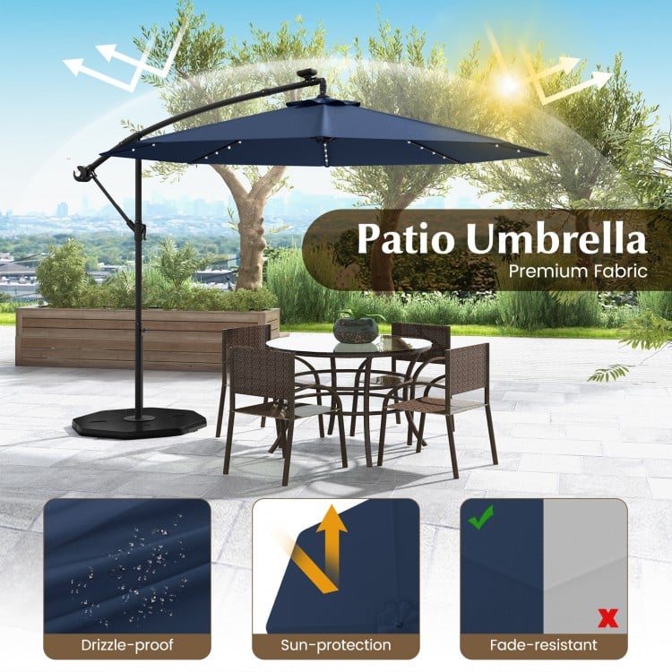 10 Ft Solar LED Offset Umbrella with 40 Lights and Cross Base for Patio-Blue