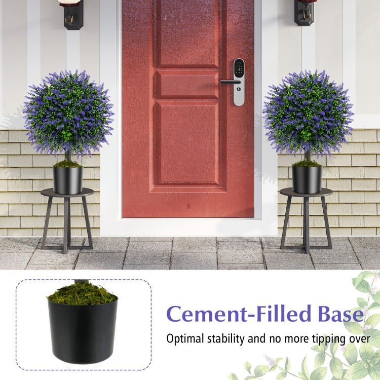 23 Inch Set of 2 Artificial Lavender Topiary Ball Trees with Cement-Filled Pot-Purple