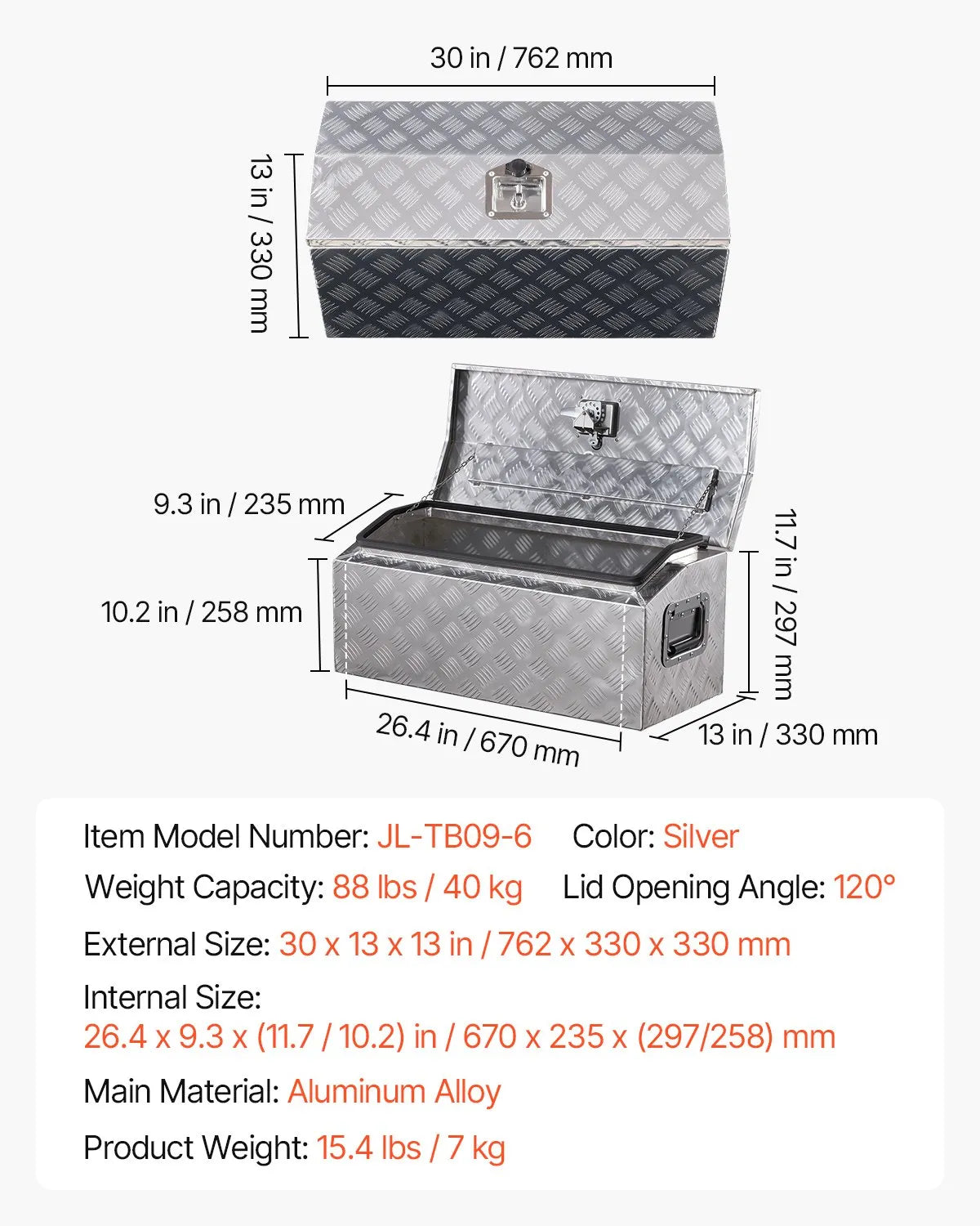 VEVOR 30"x13"x13" Heavy Duty Aluminum Truck Bed Tool Box for Pickup RV Silver