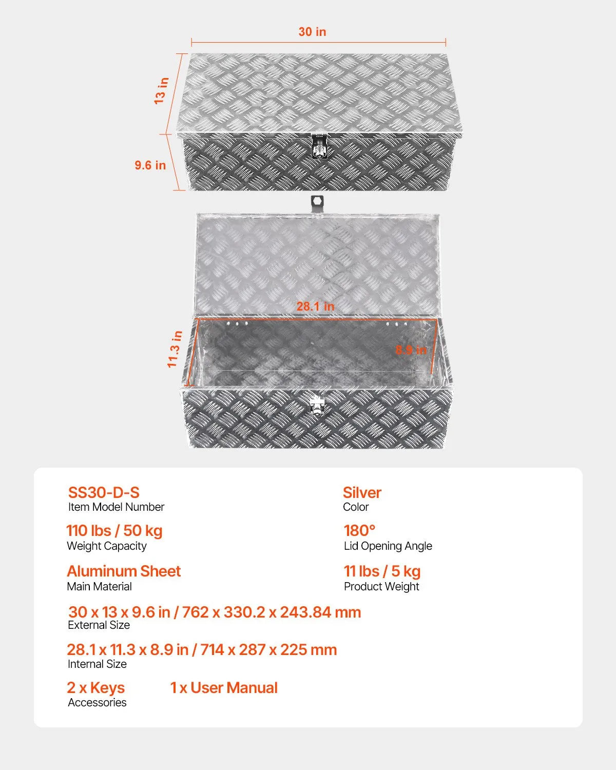 VEVOR 30"x13"x9.6" Heavy Duty Aluminum Truck Bed Tool Box for Pickup RV Silver