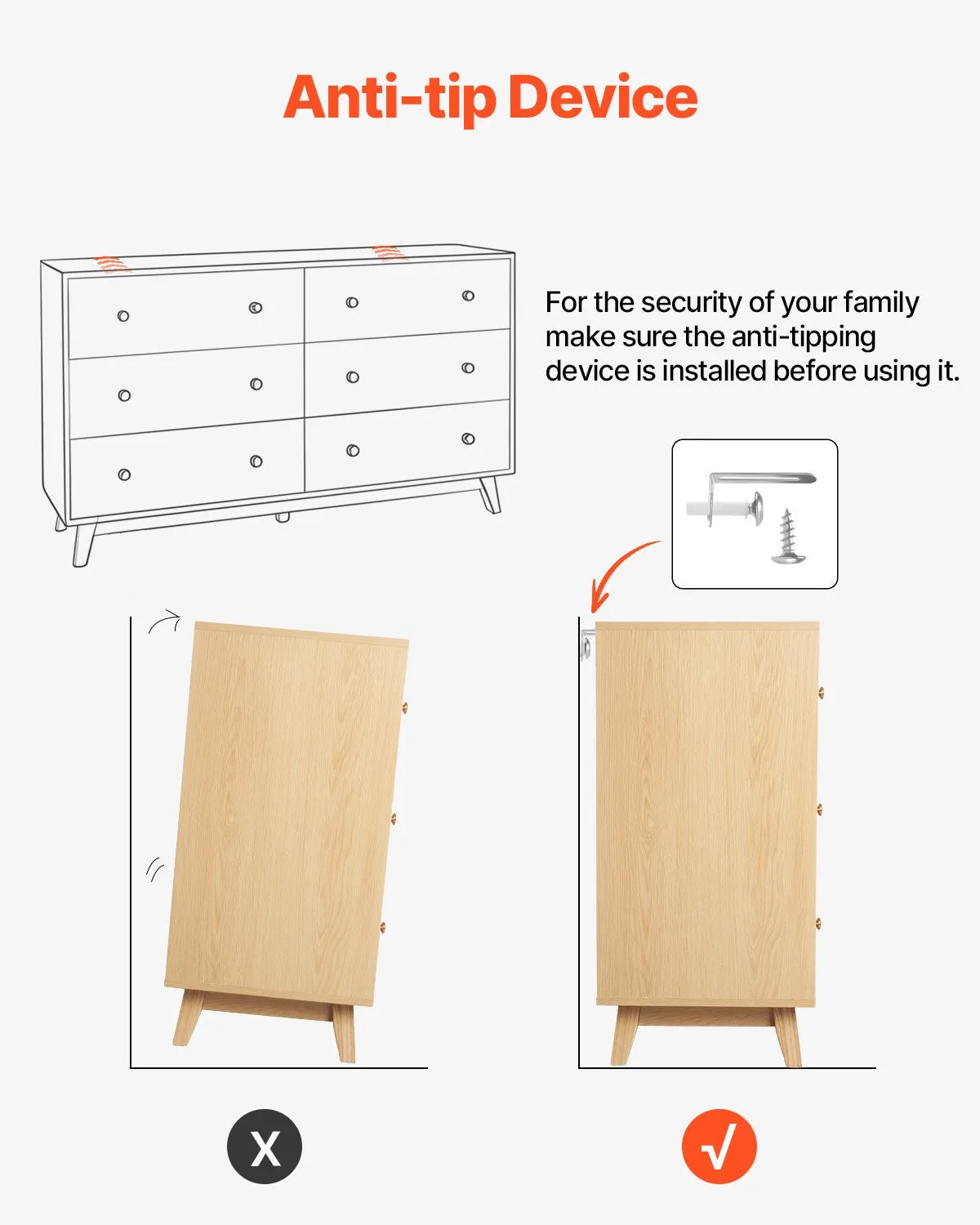 VEVOR 6 Drawer Dresser Wooden Chest of Drawers with Sliding with Anti-tip Device