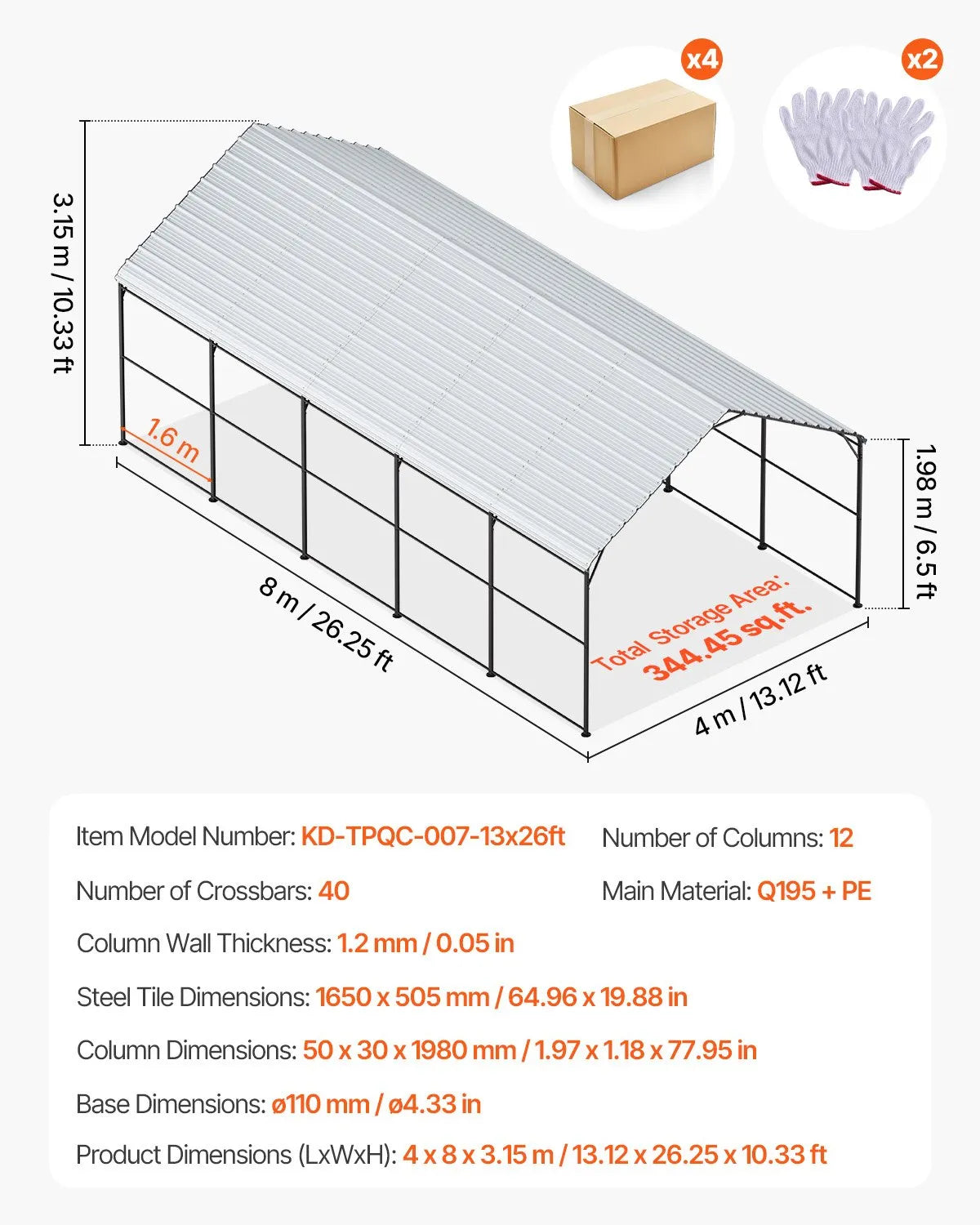 VEVOR 13' x 26' Metal Carport Heavy Duty Outdoor Car Shelter Garage for Boats