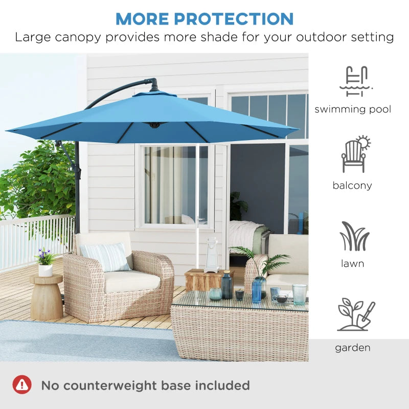 10' Deluxe Patio Umbrella, Outdoor Market Parasol, Banana Hanging Offset Sunshade with Crank, Cross Base, Blue