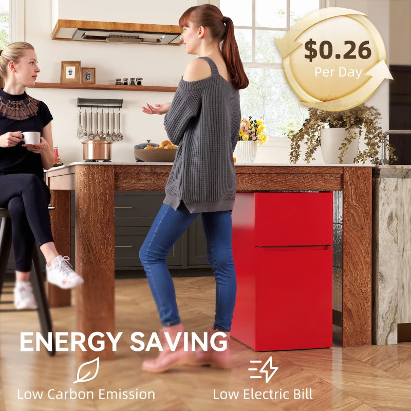 3.2 Cu Ft Compact Refrigerator, Mini Fridge with Freezer, Adjustable Shelves and Reversible Doors for Bedroom, Red