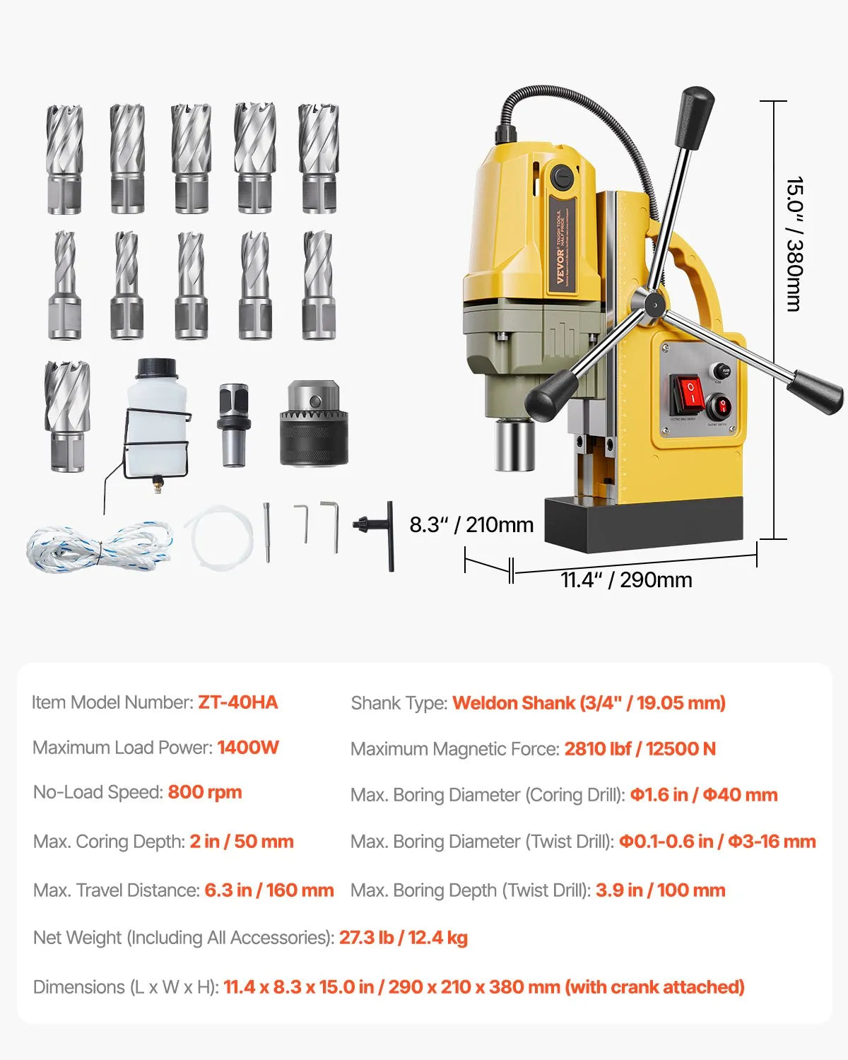 Magnetic Drill 1400W 2922 lbf Mag Drill Press 2 in Boring Diameter 0-750 RPM