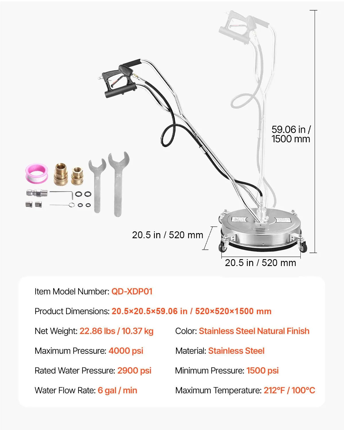 VEVOR 20" Pressure Washer Surface Cleaner 4 Wheels Dual Handle 4500 Max PSI