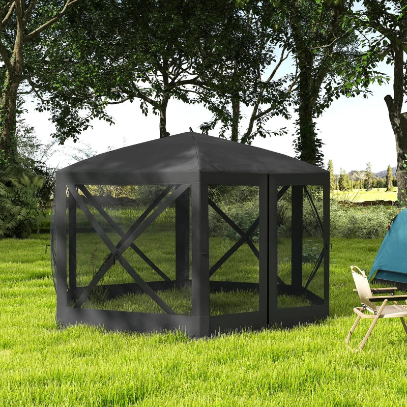 12' x 12' Hexagon Automatic Pop Up Screen Tents, Camping Shelter w/ Mesh Sidewalls and Carry Bag Black