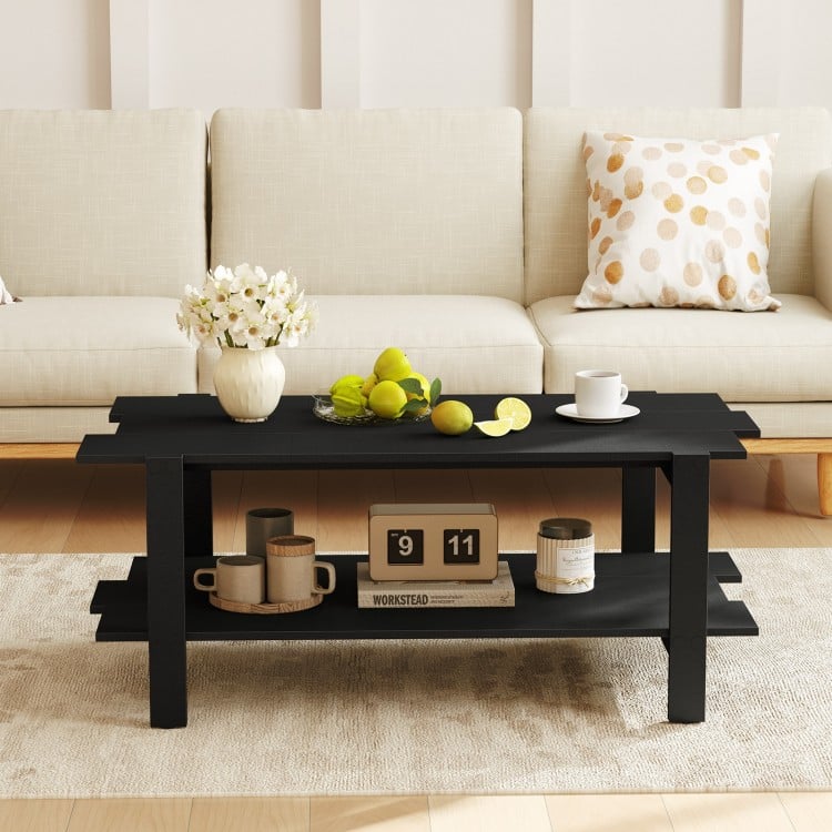 2-Tier Coffee Table Slatted Wood Center Table with Storage Shelf-Black