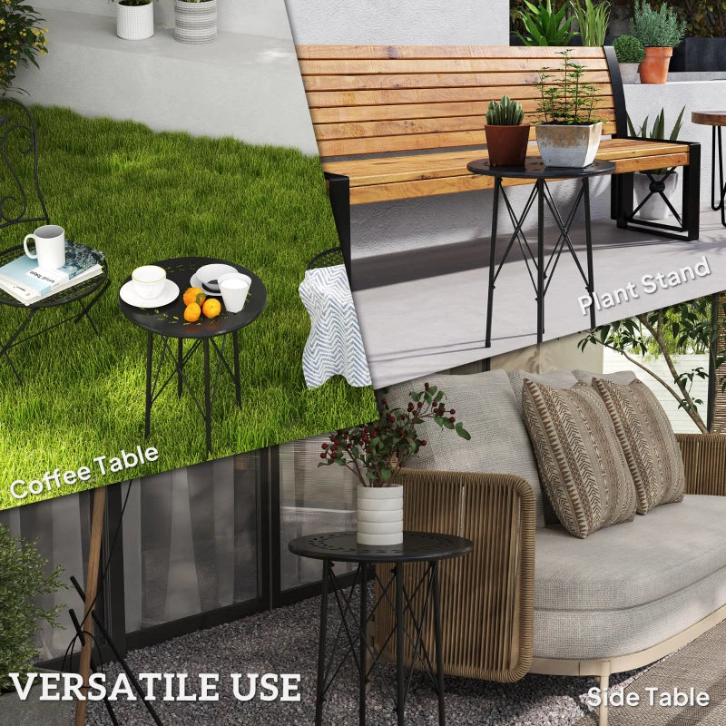 15.7" Round Garden Table with Floral Cut-Out, Steel Balcony Side Bistro Coffee Table with Adjustable Feet, Black