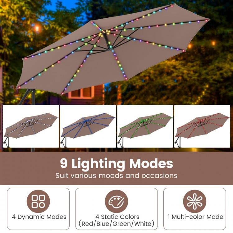 10 Feet Solar Offset Hanging Umbrella with Base and LED Lights-Coffee