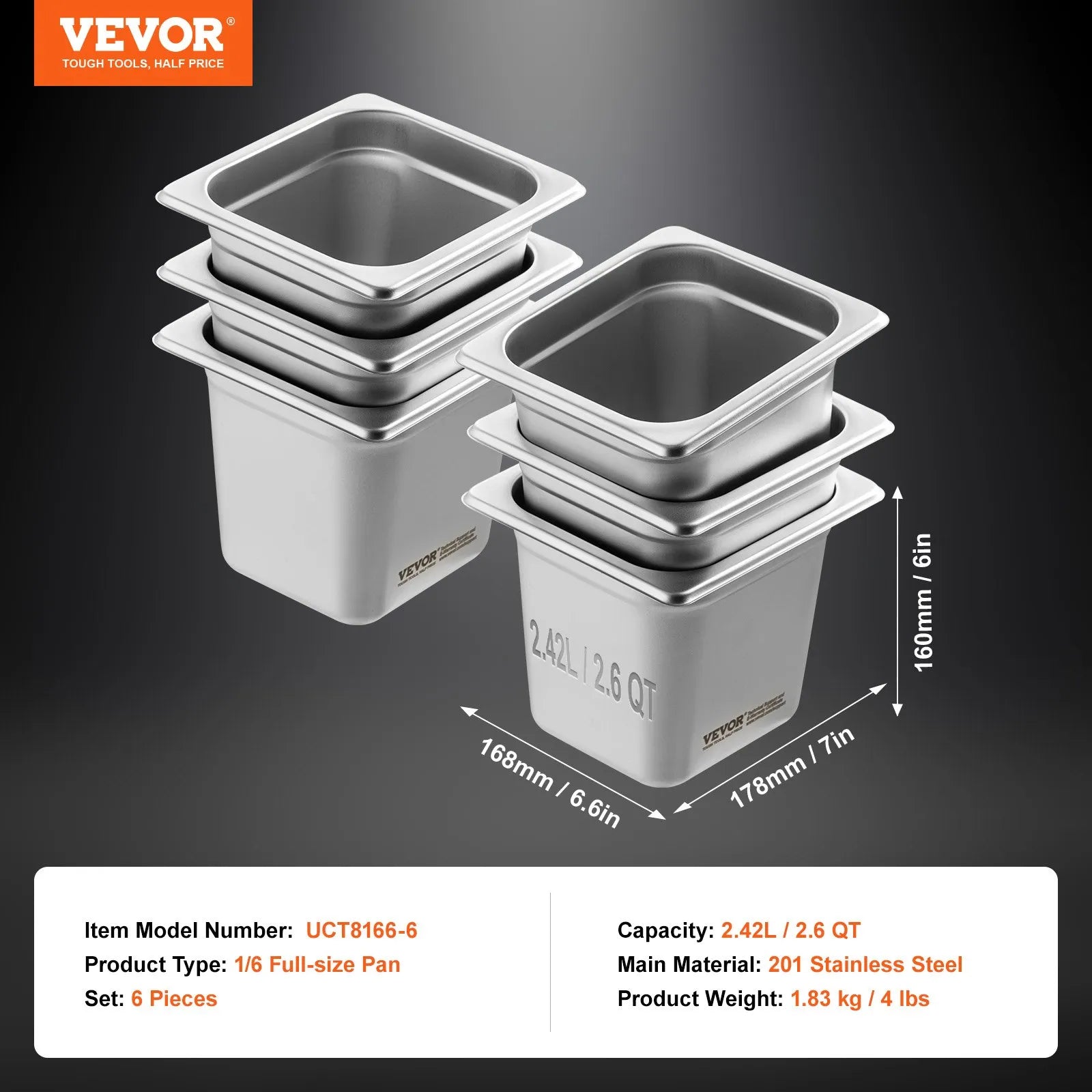 VEVOR 6 Pack Hotel Pans, 1/6 Size Anti-Jam Steam Pan, 0.8mm Thick Stainless Steel Restaurant Steam Table Pan, 6-Inch Deep Commercial Table Pan, Catering Storage Food Pan, for Industrial & Scientific