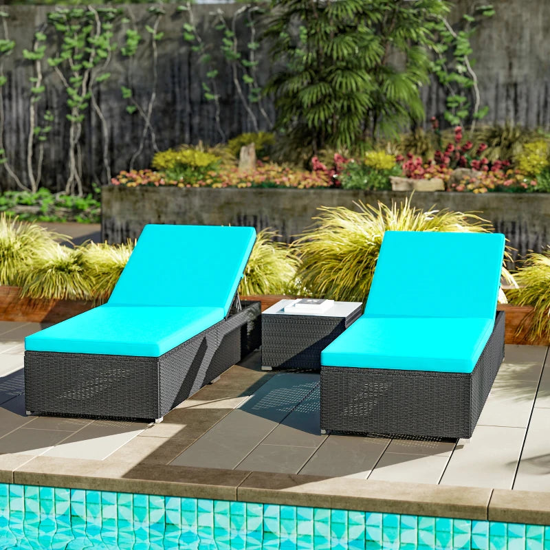 3pc Rattan Lounge Chair Set with Side Table Outdoor Patio Synthetic Rattan Wicker Sun Bed Set with Cushion