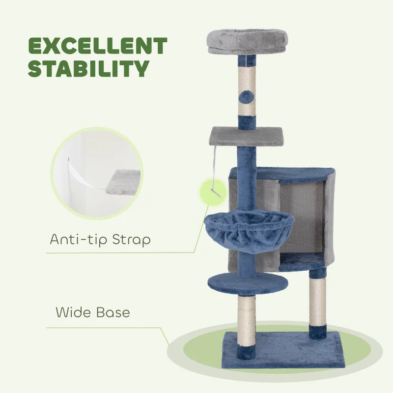 48" Modern Cat Tree with Condo, Hammock, Perch, Sisal Scratching Posts, Toy Ball, for Indoor Cats, Blue and Grey