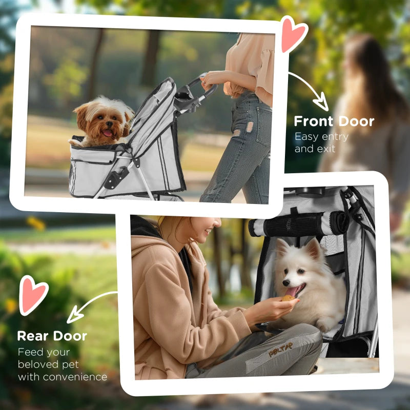 3 Wheels Foldable Dog Stroller with Storage Basket, Adjustable Canopy, Cupholder for Miniature and Small Dogs, Grey
