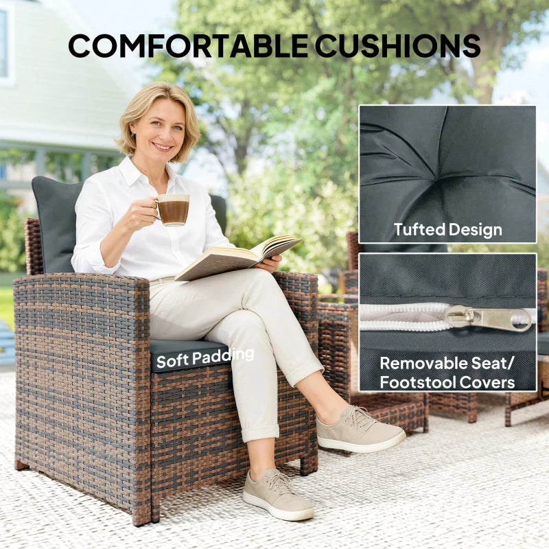 5 Piece Patio Furniture Set, Wicker Patio Chairs with Ottomans, 2-Tier Glass Coffee Table and Cushions, Brown/Dark Grey
