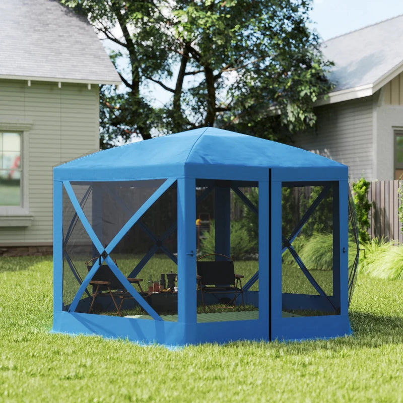 12' x 12' Hexagon Automatic Pop Up Screen Tents, Camping Shelter w/ Mesh Sidewalls and Carry Bag Blue