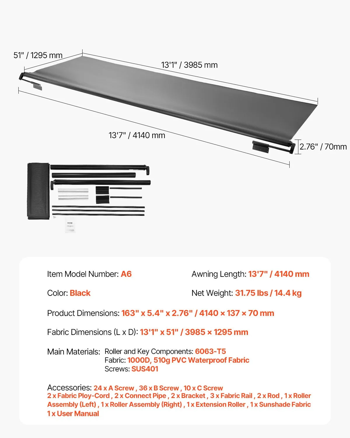 VEVOR 13'7" (13'1") RV Slide Out Awning Black Slide Topper Awning for RVs