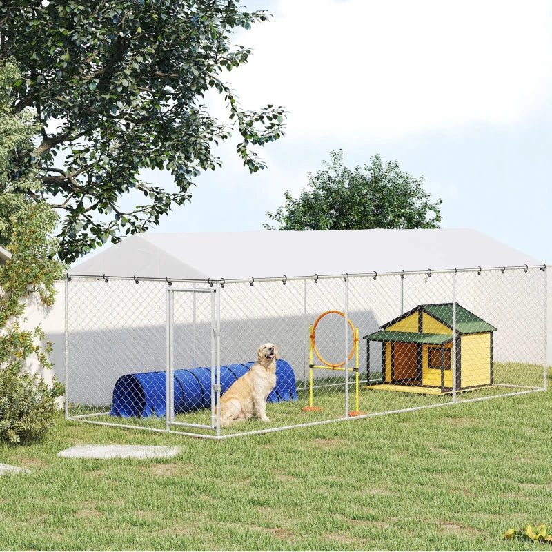 19.7' x 7.5' x 6.6' Dog Kennel Outdoor for Small Medium Large Dogs with Waterproof Cover, Silver