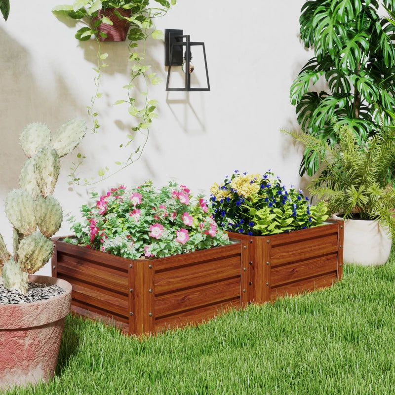 2' x 2' x 1' 2-Pieces Raised Garden Bed w/ Galvanised Steel Frame for Vegetables Flowers Herbs, Dark Brown Wood Effect