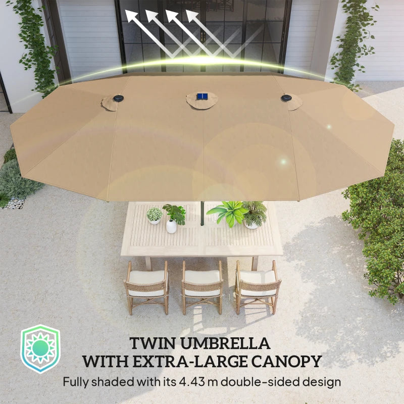 174" Double-Sided Sun Umbrella Garden Parasol Patio Sun Shade Outdoor with LED Solar Light, Khaki