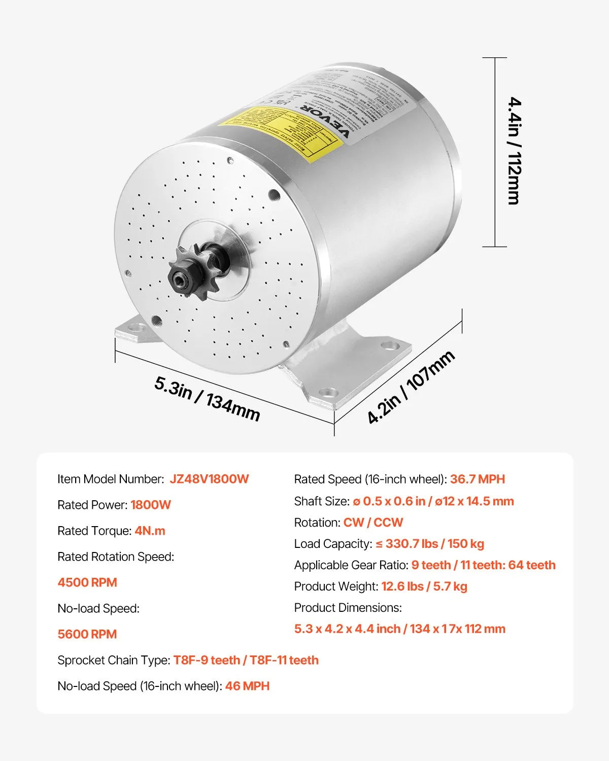 VEVOR 1800W Electric Brushless DC Motor Kit 48V 4500rpm Motor & Speed Controller