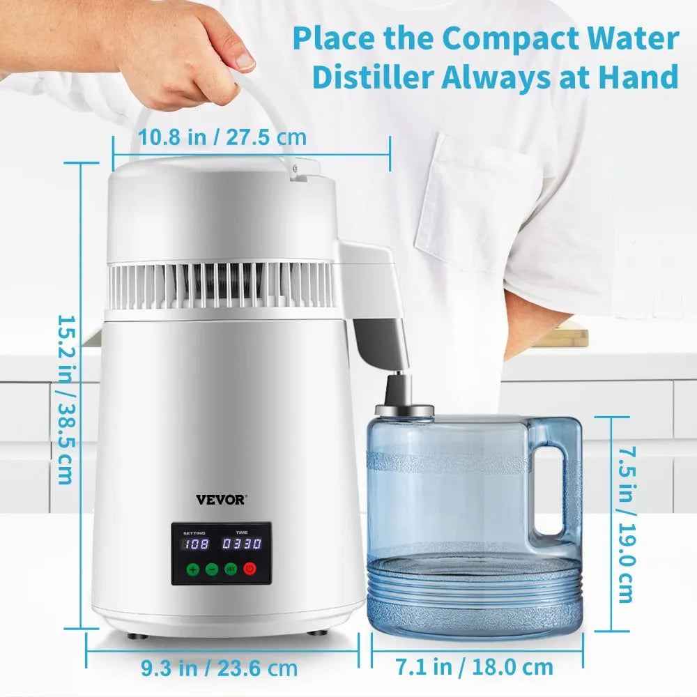 VEVOR 1.1Gal Water Distiller, 0.3Gal/H, 750W Distilled Water Maker Machine 0-99H Timing Set Temp Display, 304 Stainless Steel Countertop Distiller Glass Carafe Cleaning Powder 3 Carbon Packs, White