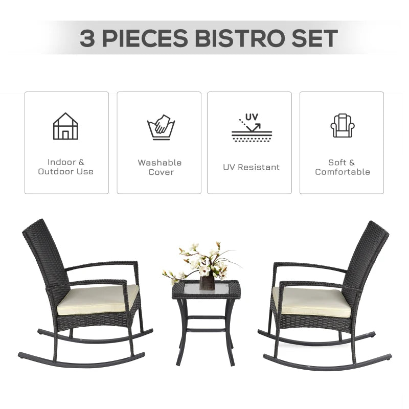 3 Pieces Patio Wicker Rocking Chair Set, Outdoor PE Rattan Bistro Set Conversation Rocker Set with 2 Chairs 1 Coffee Table for Backyard, Deck, Poolside, Dark Grey