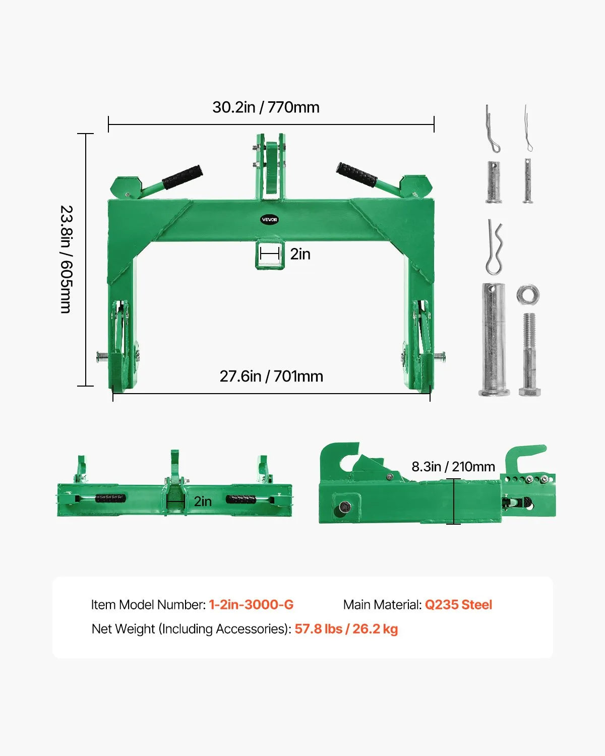 VEVOR 3-Point Quick Hitch 2" Receiver Fit Category 1 & 2 Tractor 3000lb Green