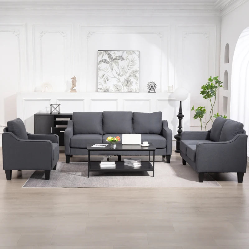 3 Seater Sofa, Modern Couch with Pocket Spring, Linen Upholstered, Thick Padded, Charcoal Grey