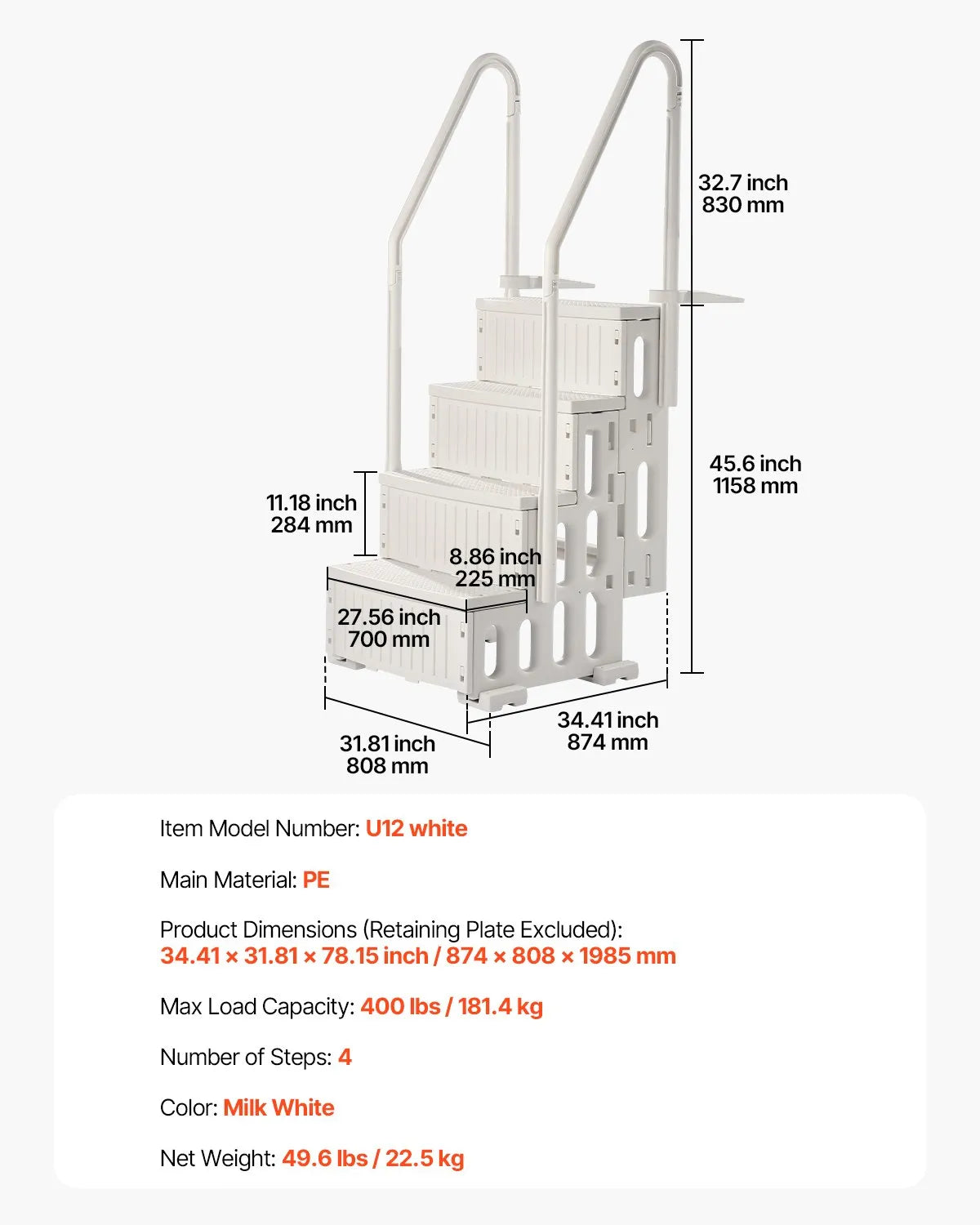 VEVOR 4-Step White Pool Ladder of 2 Handrails Supports 400 lb for 48-54 In Pools