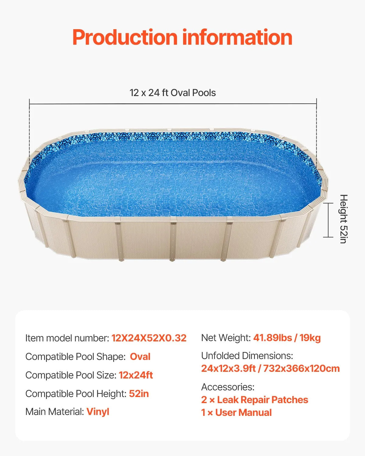 VEVOR Oval Pool Liner 12x24ft Unibead Style Pool Liner 52in Wall Height
