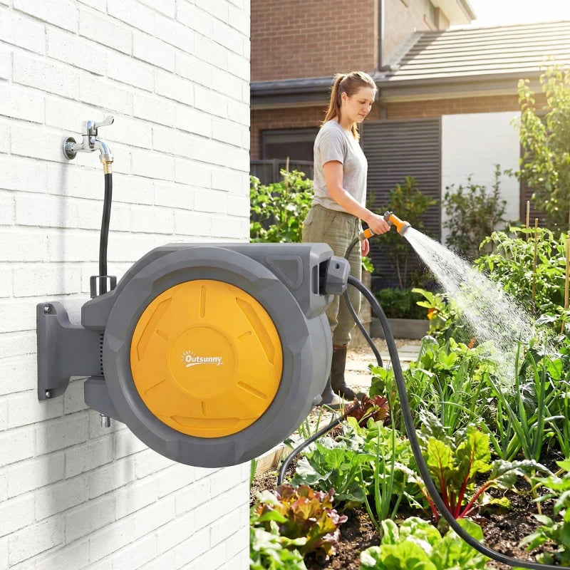 1/2 in x 100ft Wall Mounted Garden Hose Reel, Retractable Water Hose Reel with Auto Rewind, Any Length Lock, Orange