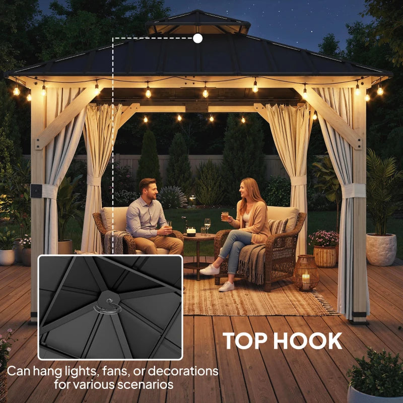 10' x 10' Outdoor Hardtop Gazebo with Double Steel Roof, Wood Patio Gazebo with Curtains, Hook, Light Grey