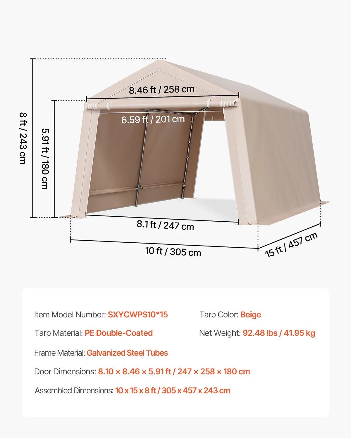 VEVOR Outdoor Storage Portable Shed 10x15 ft Waterproof Canopy Garage 2 Doors