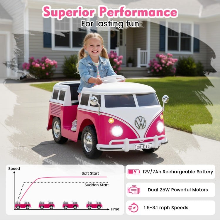 12V Ride On Car Licensed Volkswagen Ride-on Bus with Cup Holder and LED Headlights for 3+ Years Old-Pink