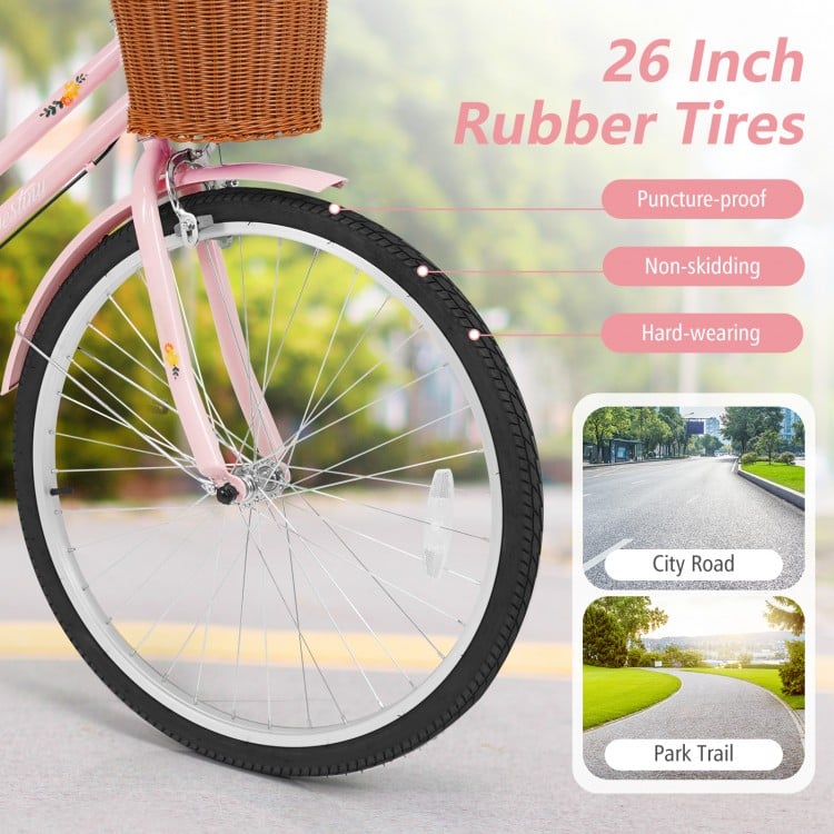 26 Inch Beach Cruiser Bike for Women with Woven Basket and Rear Rack - Pink