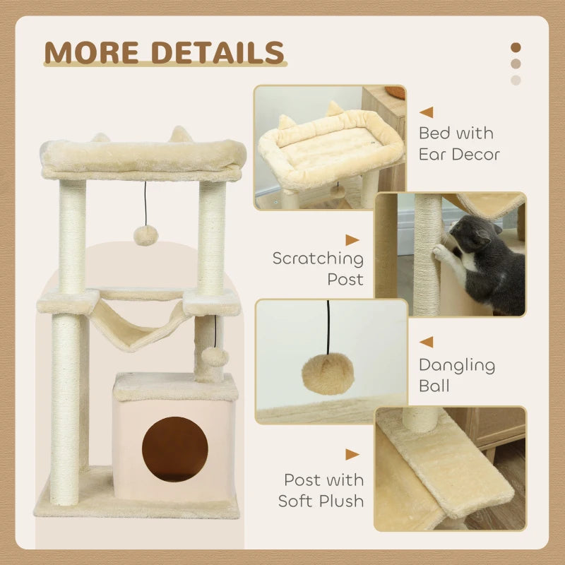 39.25'' Cat Tree Tower Multi-Level Kitten House with Scratching Post Condo Hammock Bed Ball Toy - Beige