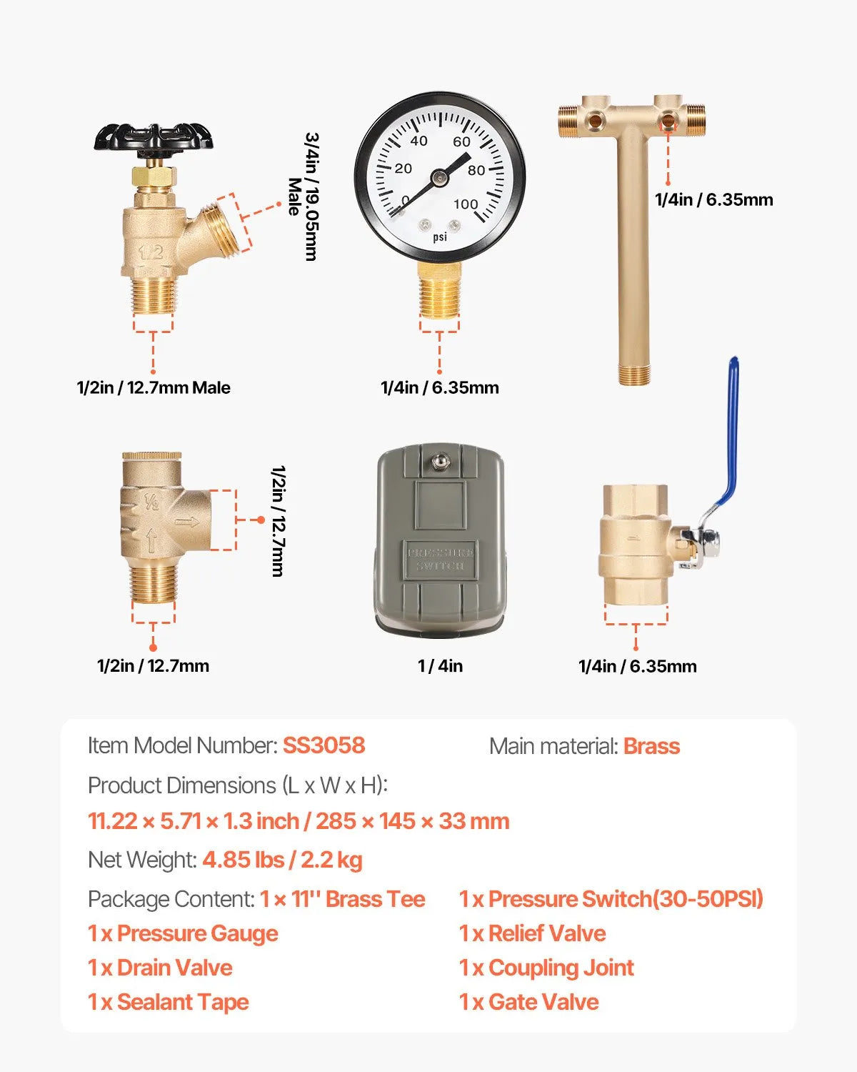 VEVOR 1"x11" Well Pressure Tank Tee Kit 30/50PSI Pressure Switch 1 in Gate Valve