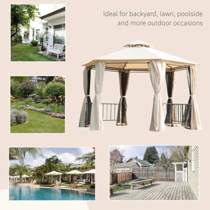 13ft Hexagon Gazebo Outdoor Canopy Shelter with Netting and Shaded Curtains Beige