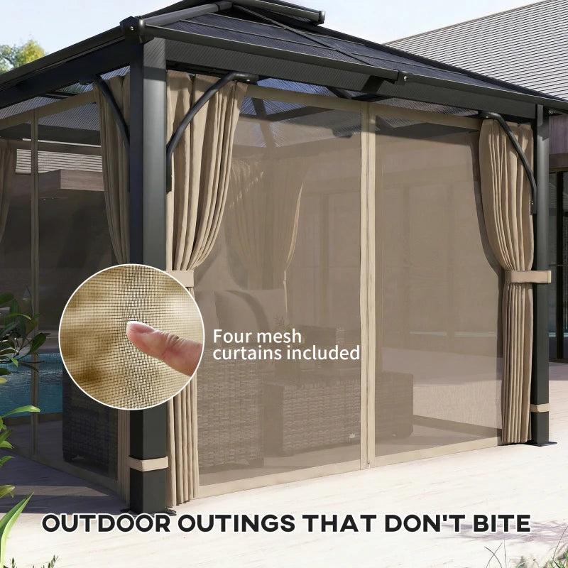 10' x 10' Hardtop Gazebo with 7mm Double Polycarbonate Roof, Outdoor Gazebo with Netting and Curtains, Khaki